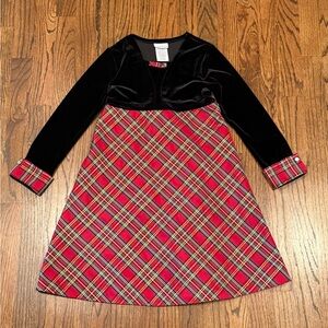 Holiday Dress Christmas black velvet red plaid size 6 long sleeves gold metallic